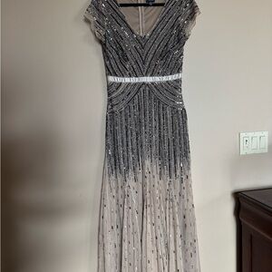 Elegant Sequin Evening Gown - Silver and Cream